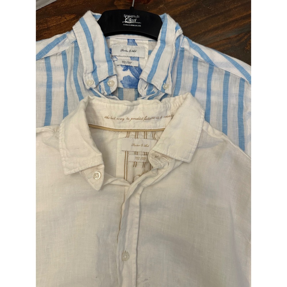 Porter & Ash Linen Short Sleeve Button Down‎ Shirts (2) Blue Stripe Mens Size M